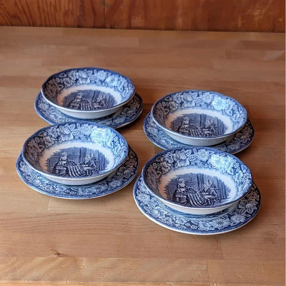 Liberty Blue Staffordshire Ironstone Monticello Plates & Bowls Set of 8 England
